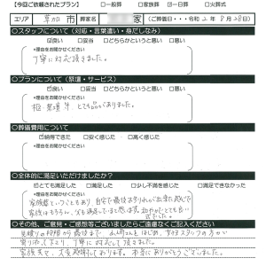 中野区　家族葬お客様の声